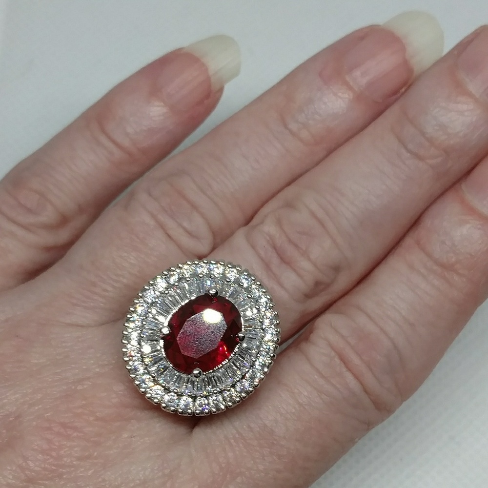 Red and Silver bling cocktail ring size 7.5